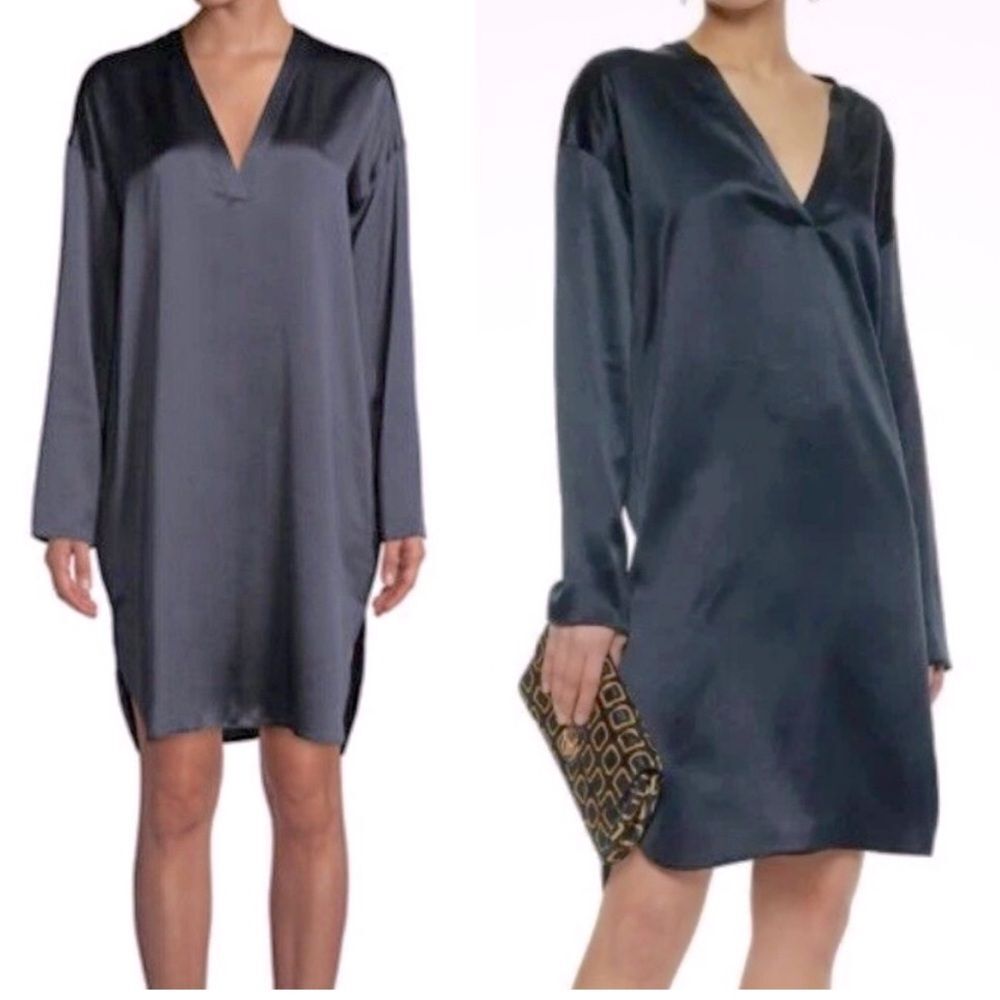 VINCE V-Neck long Sleeve Shift Dress Silk Charmeuse Shadow Gray L